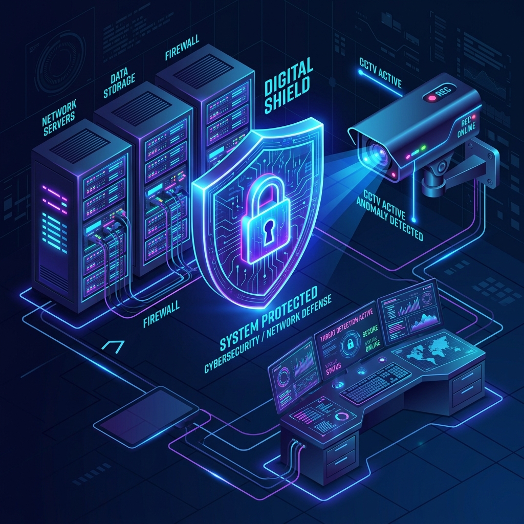 Esquema de ciberseguridad industrial y redes CCTV seguras para depósitos comerciales